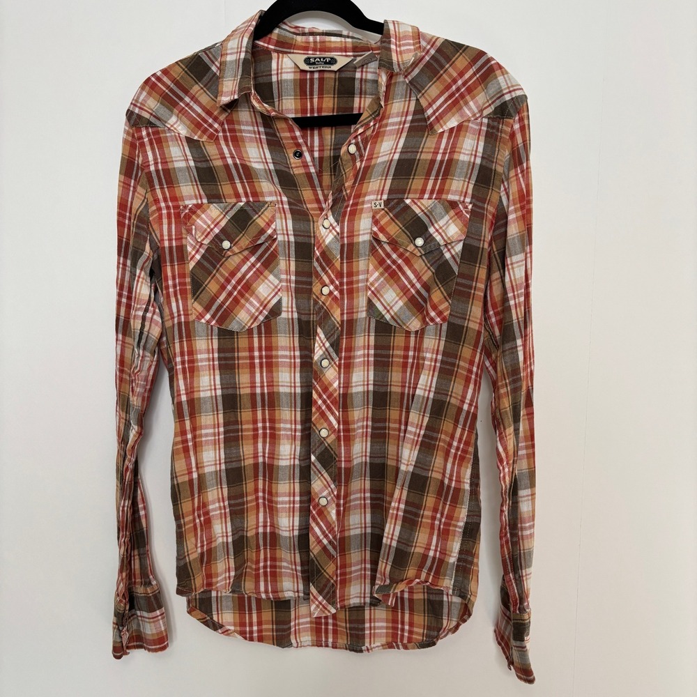 Salt Valley Western Mens S Pearl Snap Plaid Cotton Shirt Orange Fall Country